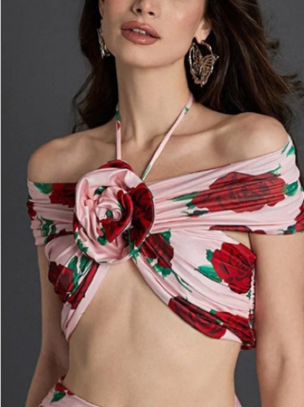 Magda Butrym Pink Crop Top with Red Rose Motif